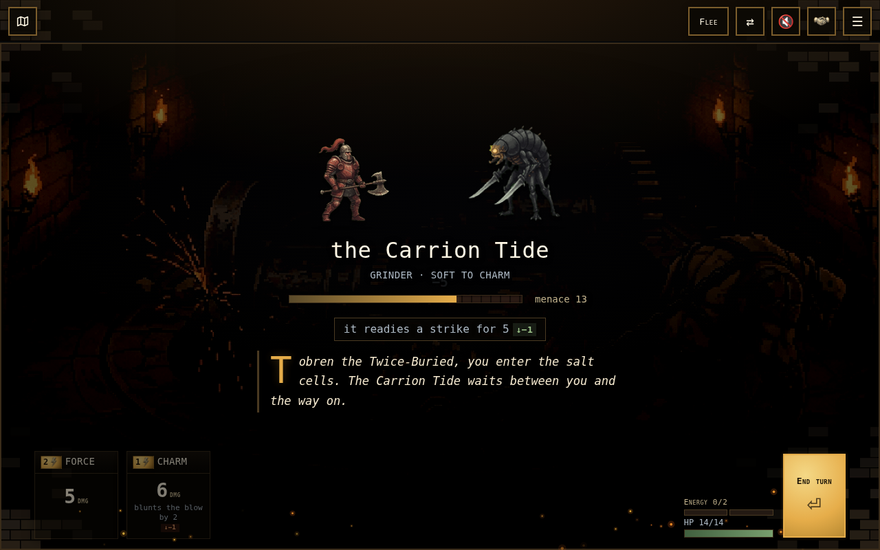 Combat in Deep Keep: hero and foe sprites over a candlelit chamber, with the foe's menace bar, its telegraphed strike, and the exact damage of each tool shown before committing