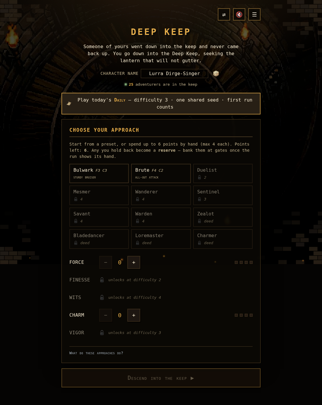 The character creation screen: six build points across four approaches, presets, and the daily challenge banner